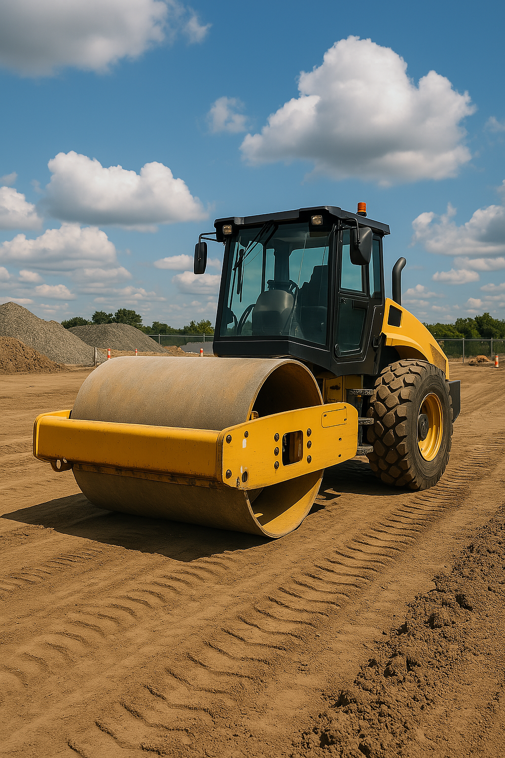 Rolo compactador em obra de terraplanagem